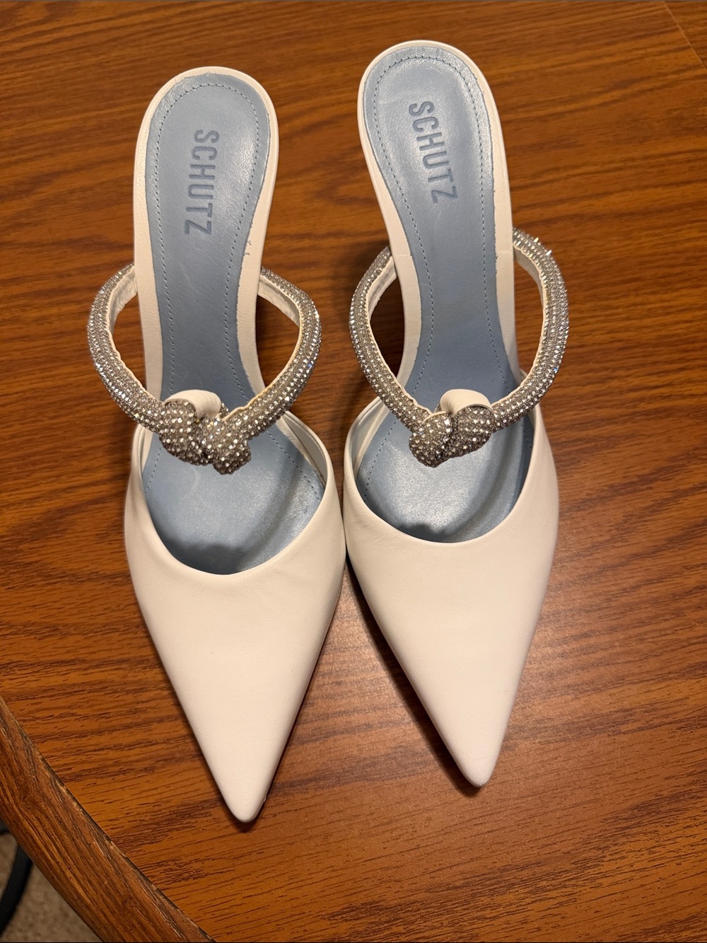 SCHUTZ White Pointed Toe Mule with Crystal-Knot Strap